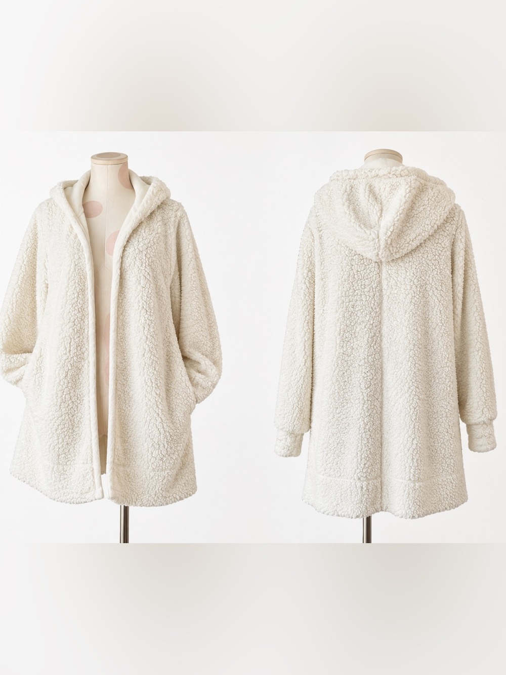 Sherpa Teddy Faux Fur Hooded Cardigan Robe Ivory M/L Cozy Lounge Jacket